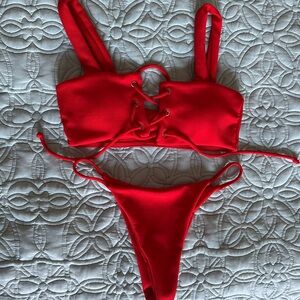 Red Lace-Up Bikini Set